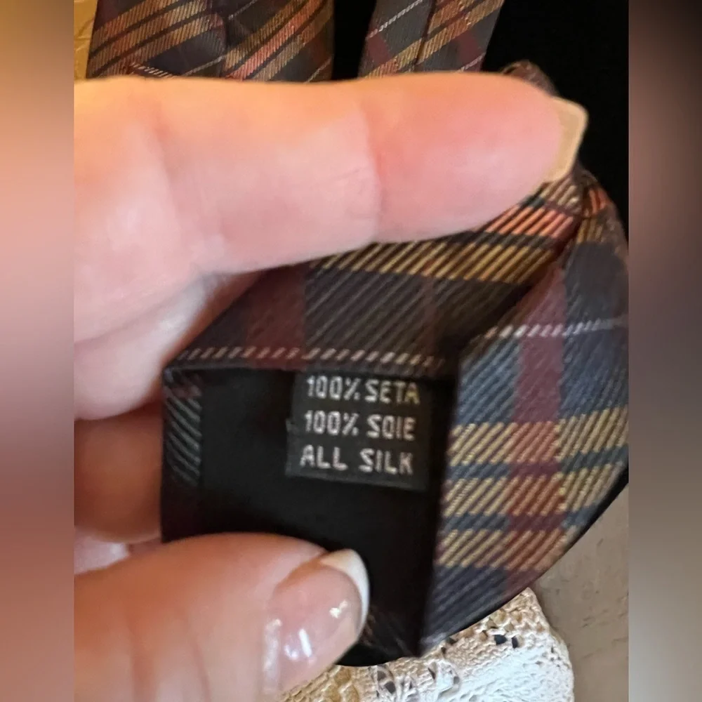 Busati tie Orange Blue Light Blue Rust Plaid Silk Mens Neck Tie